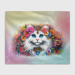Плед флисовый Белый кот с голубыми глазами в цветах, цвет: 3D-велсофт