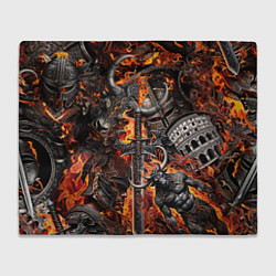 Плед флисовый Гладиатор и минотавр на фоне огня мечей и щитов, цвет: 3D-велсофт