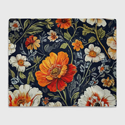 Плед флисовый Маки и пионы старинный паттерн, цвет: 3D-велсофт