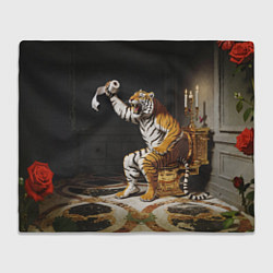 Плед флисовый Тигр сидит на золотом унитазе сердится, цвет: 3D-велсофт