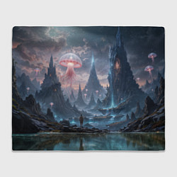 Плед флисовый Фантастический мир с медузами и озеро у гор, цвет: 3D-велсофт