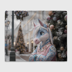 Плед флисовый Новогодняя лошадка у елки, цвет: 3D-велсофт