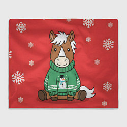 Плед флисовый Новогодняя лошадка в зеленом свитере, цвет: 3D-велсофт