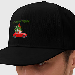 Кепка-снепбек Дед мороз на машине с ёлкой - с новым годом, цвет: черный
