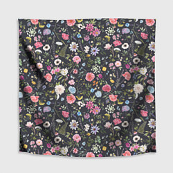 Скатерть для стола Разные цветы, листья, травы на темном фоне, цвет: 3D-принт