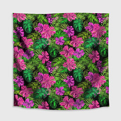 Скатерть для стола Тропические листья и цветы на черном фоне, цвет: 3D-принт