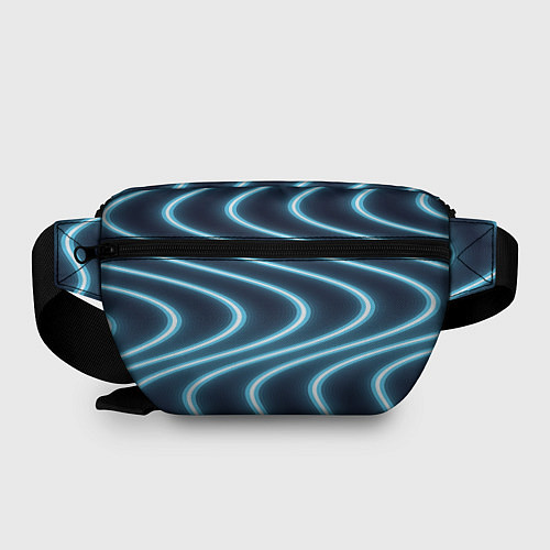 Поясная сумка Неоновый свет Волны голубые на темном фоне / 3D-принт – фото 2