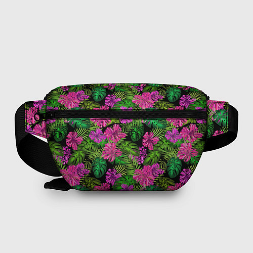 Поясная сумка Тропические листья и цветы на черном фоне / 3D-принт – фото 2