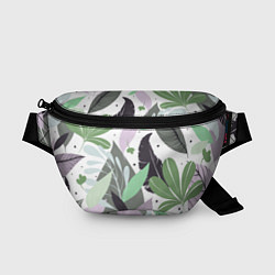 Поясная сумка Зелёные, серые, голубые, сиреневые листья на белом, цвет: 3D-принт