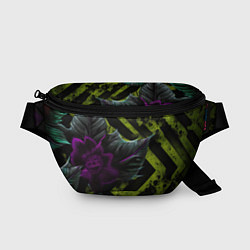 Поясная сумка Фиолетовый цветок и зеленые абстрактные листья, цвет: 3D-принт