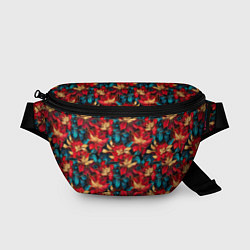 Поясная сумка Красные цветы с синими листьями узор, цвет: 3D-принт