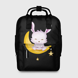 Рюкзак женский Крольчонок сидит на месяце на чёрном фоне, цвет: 3D-принт