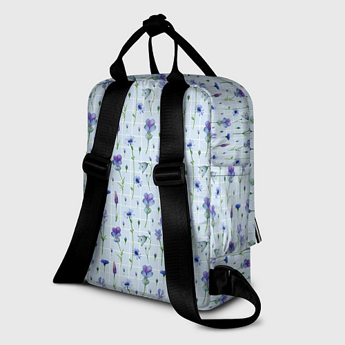 Женский рюкзак Синие и фиолетовые цветы на голубой клетке / 3D-принт – фото 2