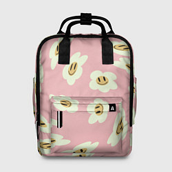 Женский рюкзак Искаженные смайлы-цветы на розовом паттер