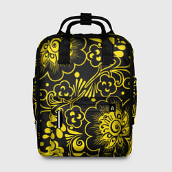 Рюкзак женский Хохломская роспись золотые цветы на чёроном фоне, цвет: 3D-принт