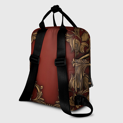 Женский рюкзак Золотые объемные узоры на красном фоне лепнина / 3D-принт – фото 2