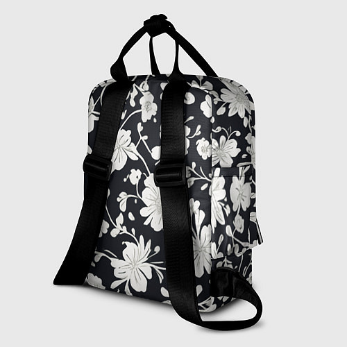 Женский рюкзак Патерн белых цветов на черном фоне / 3D-принт – фото 2