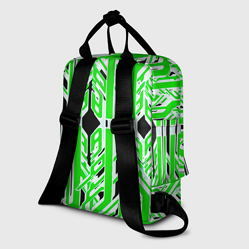 Женский рюкзак Бело-зелёные техно полосы на чёрном фоне / 3D-принт – фото 2