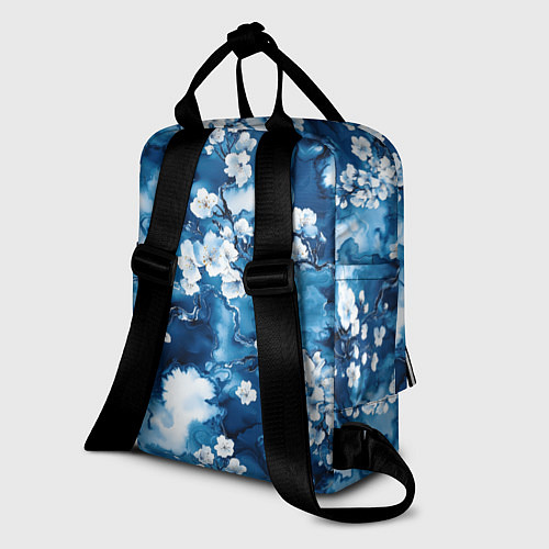 Женский рюкзак Цветы белой сакуры - паттерн на синем фоне / 3D-принт – фото 2