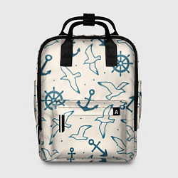 Рюкзак женский Морской паттерн из штурвалов, чаек и якорей, цвет: 3D-принт