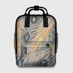 Рюкзак женский Синие перья с самоцветами, цвет: 3D-принт