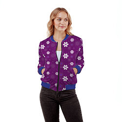 Бомбер женский Узор цветы на фиолетовом фоне, цвет: 3D-синий — фото 2