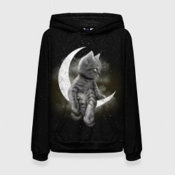 Толстовка-худи женская Кот на луне, цвет: 3D-черный