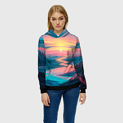 Толстовка-худи женская Извилистая река закат природа, цвет: 3D-черный — фото 2