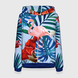 Толстовка-худи женская Фламинго в папоротнике, цвет: 3D-синий