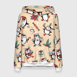 Толстовка-худи женская Пингвины новогодние, цвет: 3D-белый