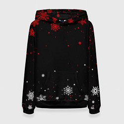 Толстовка-худи женская КРАСНО БЕЛЫЕ СНЕЖИНКИ НА ЧЁРНОМ ФОНЕ, цвет: 3D-черный