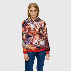 Толстовка-худи женская Новый год в геншин импакте все герои, цвет: 3D-красный — фото 2