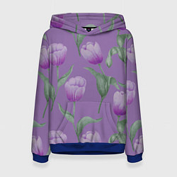 Толстовка-худи женская Фиолетовые тюльпаны с зелеными листьями, цвет: 3D-синий