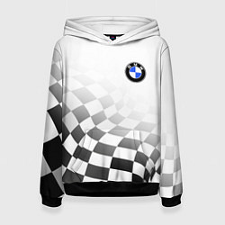 Толстовка-худи женская BMW, БМВ СПОРТ, ФИНИШНЫЙ ФЛАГ, цвет: 3D-черный