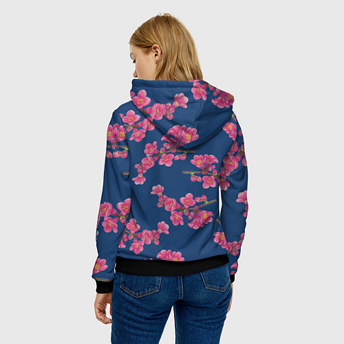 Женская толстовка Веточки айвы с розовыми цветами на синем фоне / 3D-Черный – фото 4