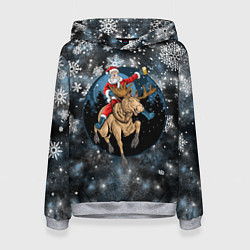 Толстовка-худи женская Санта на олене Новый год 2022, цвет: 3D-меланж
