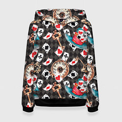 Толстовка-худи женская Алиса в стране чудес - карты и время, цвет: 3D-черный