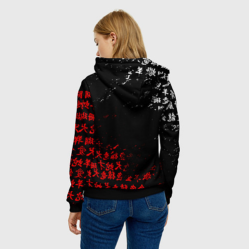 Женская толстовка КРАСНО БЕЛЫЕ ИЕРОГЛИФЫ ЯПОНИЯ БРЫЗГИ / 3D-Черный – фото 4
