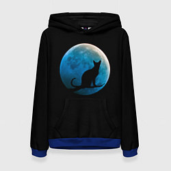 Толстовка-худи женская Силуэт кота на фоне синей луны, цвет: 3D-синий