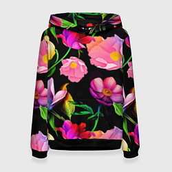 Толстовка-худи женская Цветочный узор Floral pattern, цвет: 3D-черный