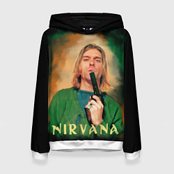 Толстовка-худи женская Nirvana - Kurt Cobain with a gun, цвет: 3D-белый