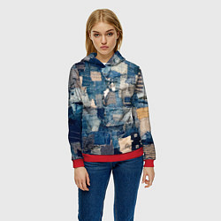 Толстовка-худи женская Patchwork Jeans Осень Зима 2023, цвет: 3D-красный — фото 2