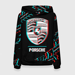 Толстовка-худи женская Значок Porsche в стиле Glitch на темном фоне, цвет: 3D-черный