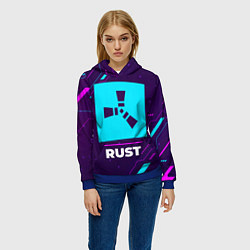 Толстовка-худи женская Символ Rust в неоновых цветах на темном фоне, цвет: 3D-синий — фото 2