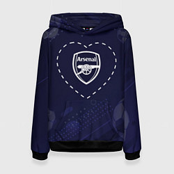 Толстовка-худи женская Лого Arsenal в сердечке на фоне мячей, цвет: 3D-черный