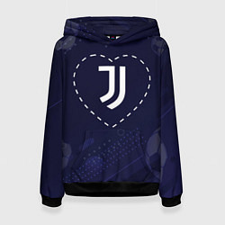 Толстовка-худи женская Лого Juventus в сердечке на фоне мячей, цвет: 3D-черный