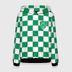 Женская толстовка ФК Ахмат на фоне бело зеленой формы в квадрат