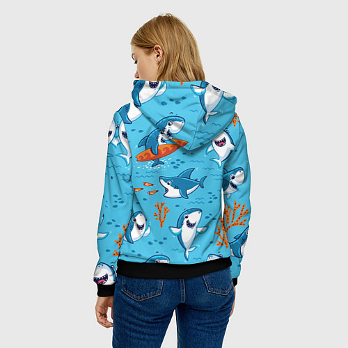 Женская толстовка Прикольные акулята - паттерн / 3D-Черный – фото 4