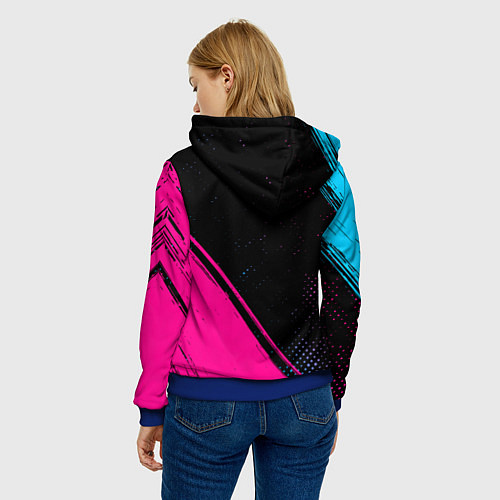 Женская толстовка Real Madrid - neon gradient: символ и надпись верт / 3D-Синий – фото 4