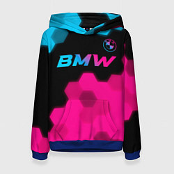 Толстовка-худи женская BMW - neon gradient: символ сверху, цвет: 3D-синий